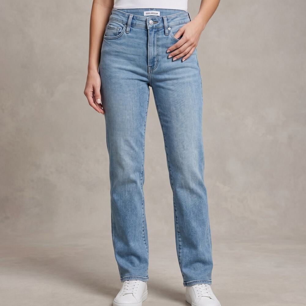 Good American Women's Good Straight Jeans High Rise Light Wash Distressed 2/26